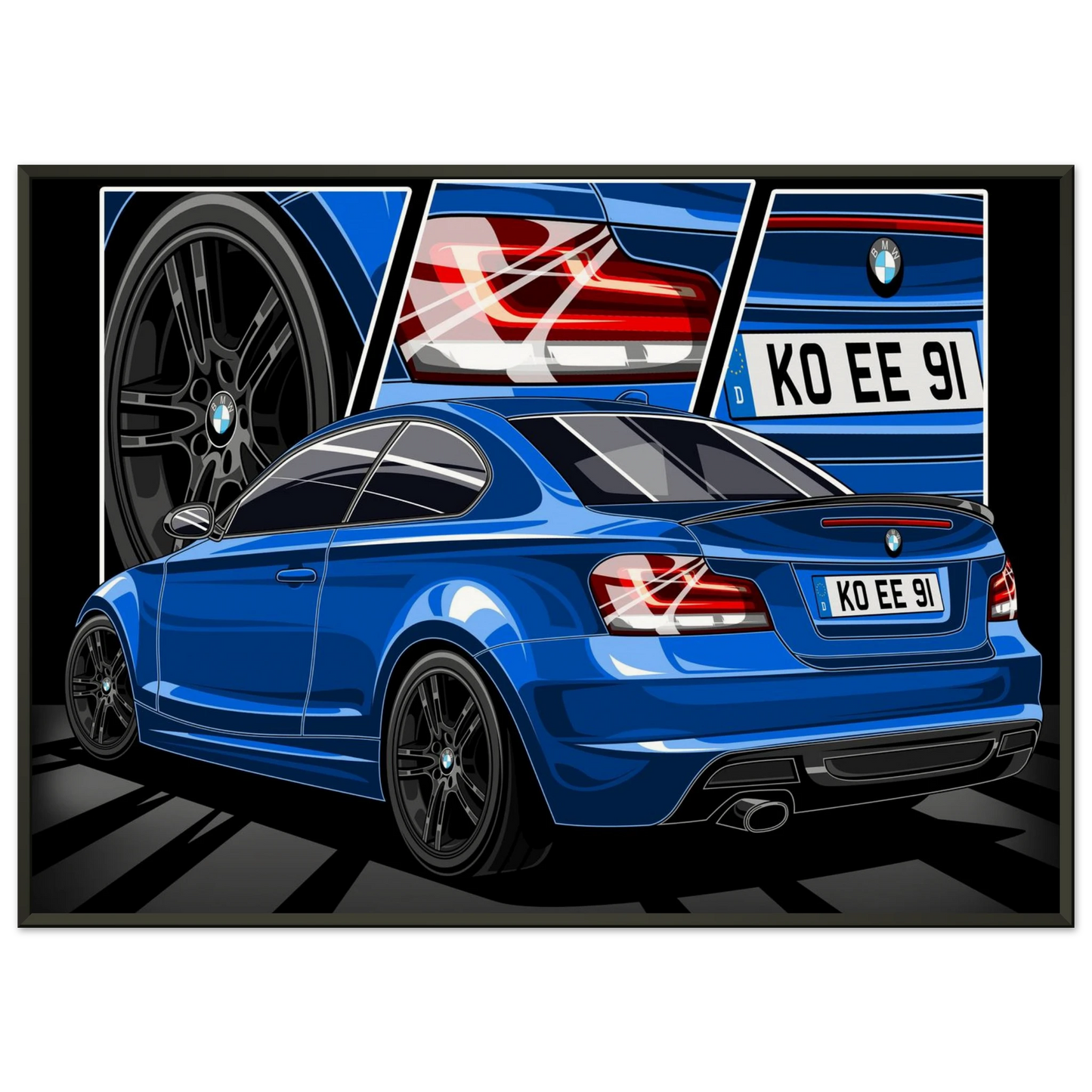 Personalisiertes Auto-Porträt als Poster illustriert im Metall-Rahmen – handgezeichnet & gerahmt