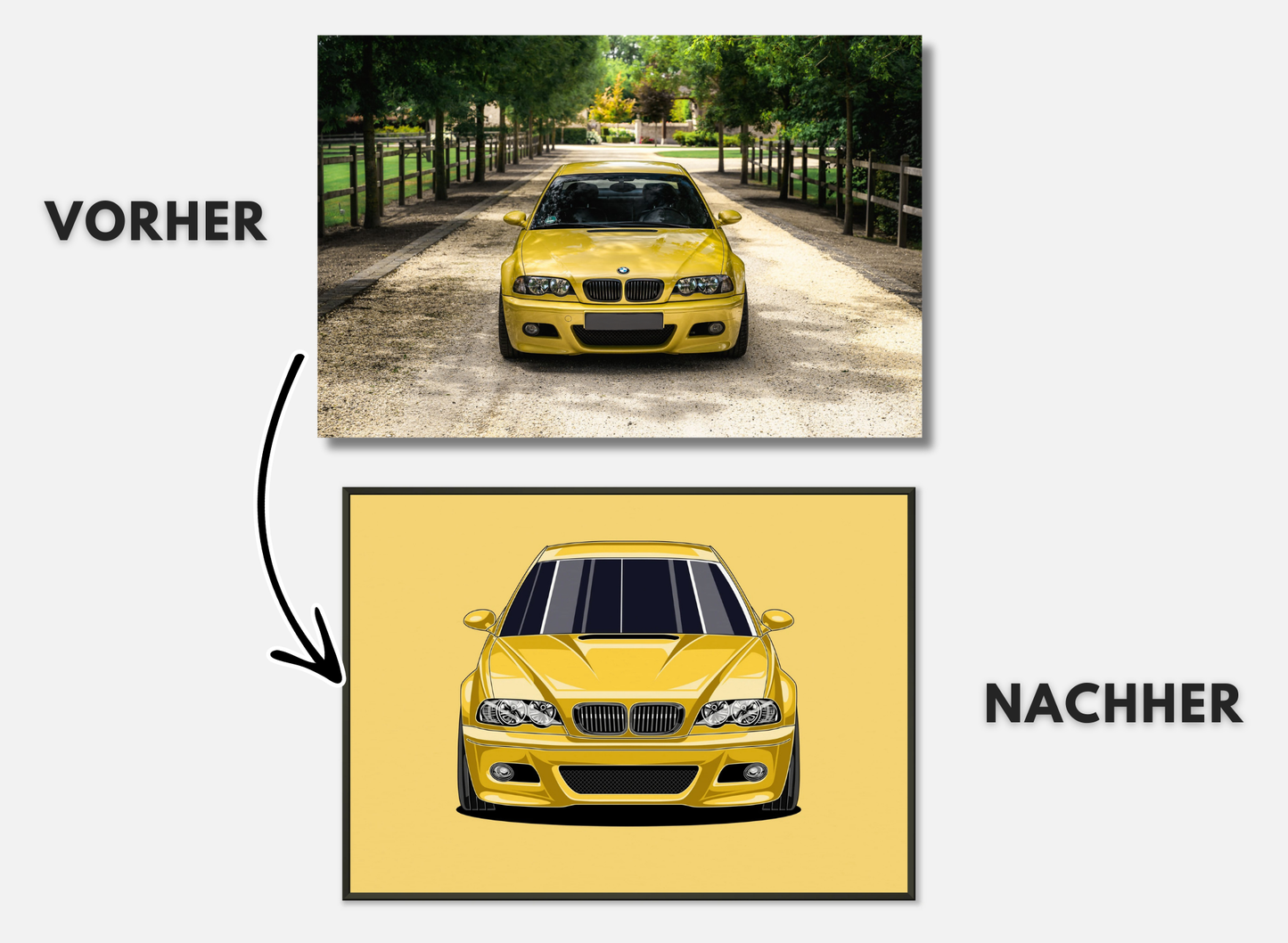 Personalisiertes Auto-Porträt als Poster illustriert im Metall-Rahmen – handgezeichnet & gerahmt