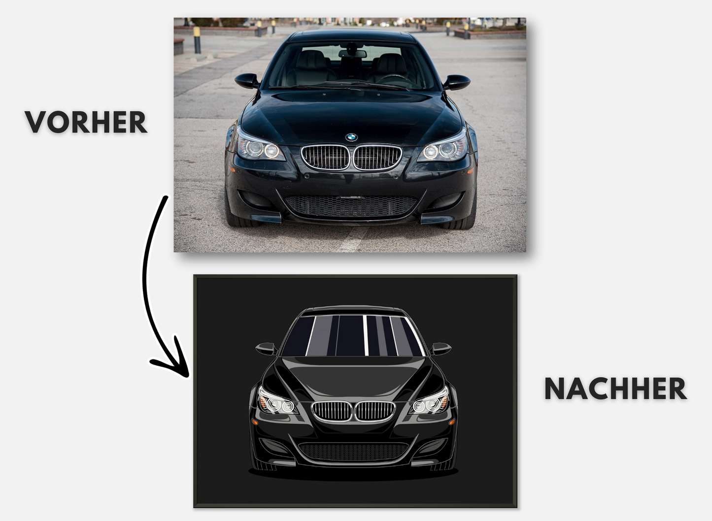 Personalisiertes Auto-Porträt als Poster illustriert im Metall-Rahmen – handgezeichnet & gerahmt