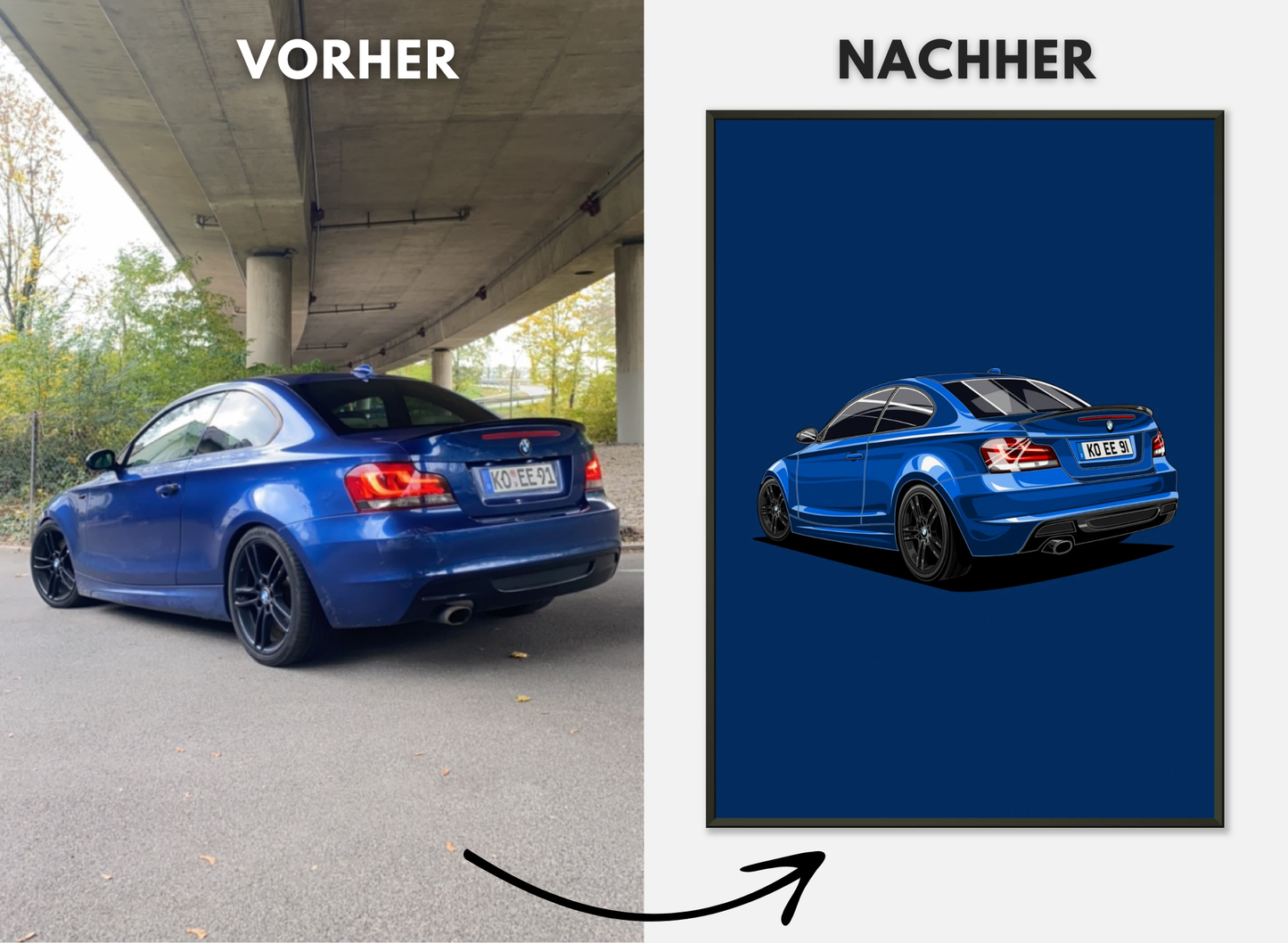 Personalisiertes Auto-Porträt als Poster illustriert im Metall-Rahmen – handgezeichnet & gerahmt
