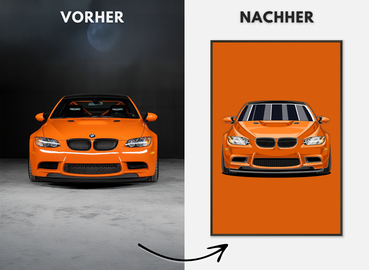 Personalisiertes Auto-Porträt als Poster illustriert im Metall-Rahmen – handgezeichnet & gerahmt