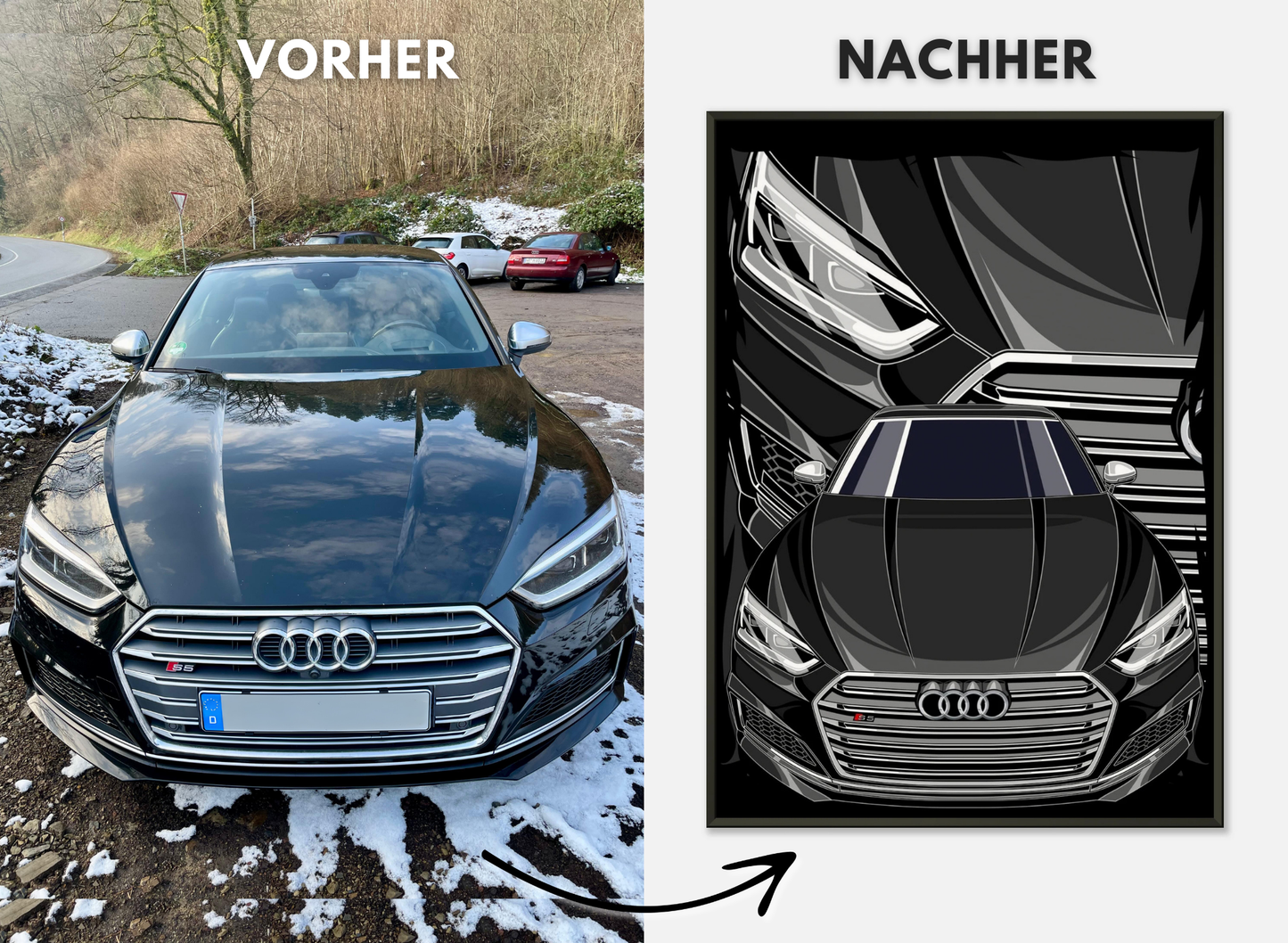 Personalisiertes Auto-Porträt als Poster illustriert im Metall-Rahmen – handgezeichnet & gerahmt