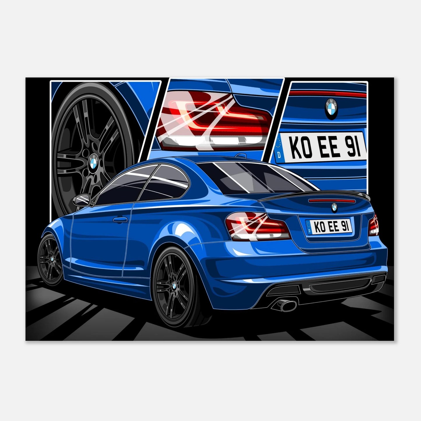 Personalisiertes Auto-Porträt als Poster illustriert im Metall-Rahmen – handgezeichnet & gerahmt