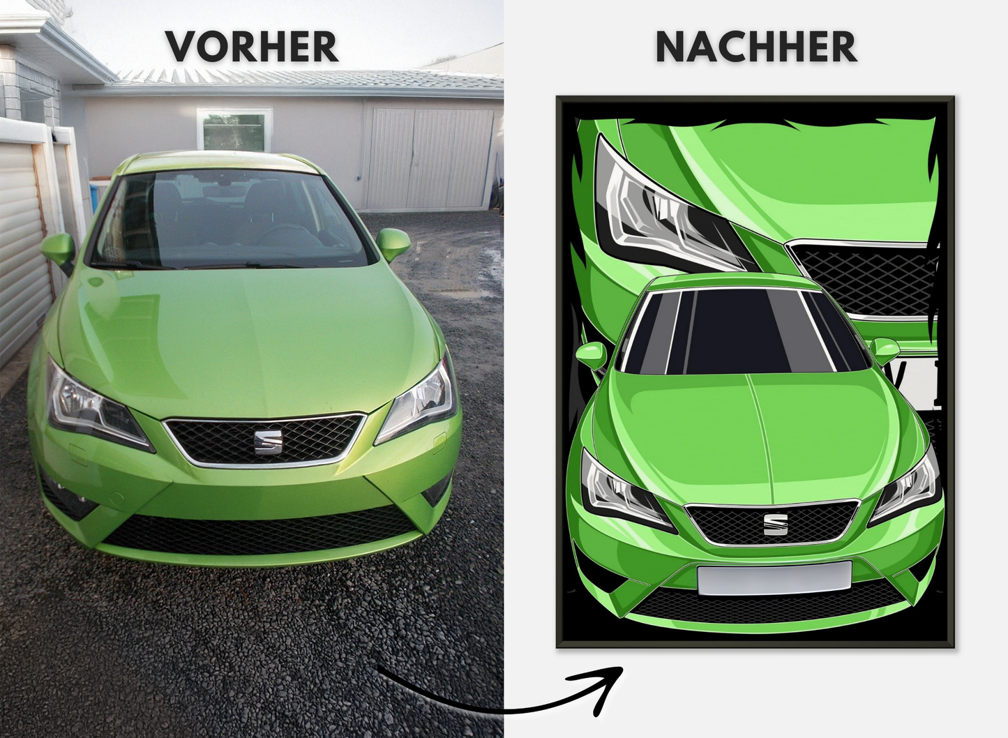 Personalisiertes Auto-Porträt als Poster illustriert im Metall-Rahmen – handgezeichnet & gerahmt